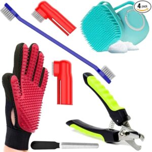 Woofy Dogs Grooming Kit - Pet Shampoo Brush, Nail Cutter, Tooth Brush and Grooming Hand Glove for Puppy, Cat and Kitten (Pack of 4)